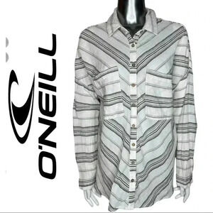 O’Neill Button Front Long Sleeve Stripe Top Grey White Size XS